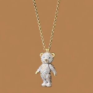 PJM Rhinestone Bear Pendant /Brooch Jointed Head Limbs Green Eyes 23"necklace